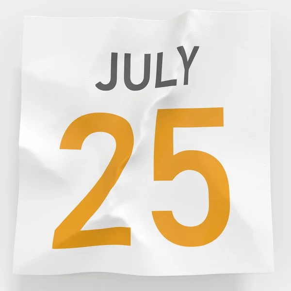 Datum 25. července na zmačkané papírové stránce kalendáře, 3D vykreslování — Stock fotografie