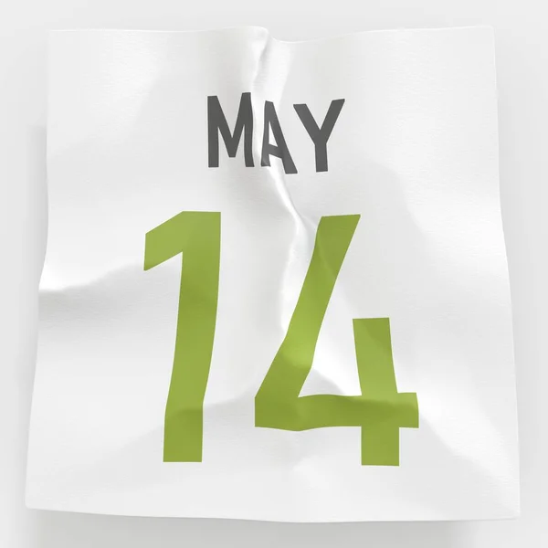 14 maj datum på skrynkligt papper sida i en kalender, 3D-rendering — Stockfoto