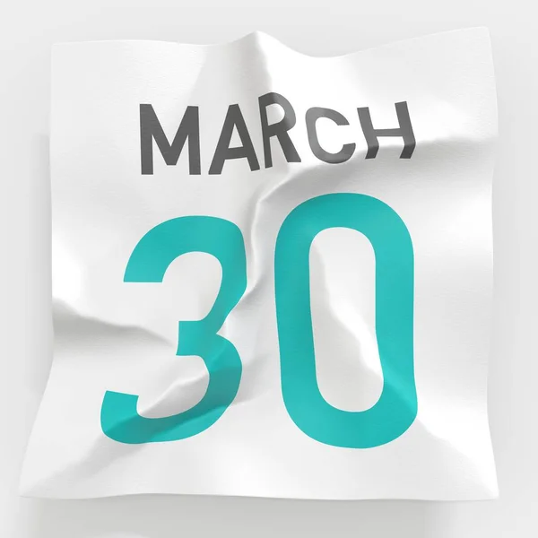 30 mars date sur papier froissé d'un calendrier, rendu 3d — Photo