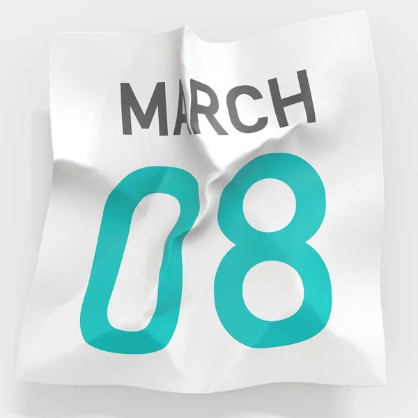 8 marca data na pogniecionej papierowej stronie kalendarza, renderowanie 3d — Zdjęcie stockowe