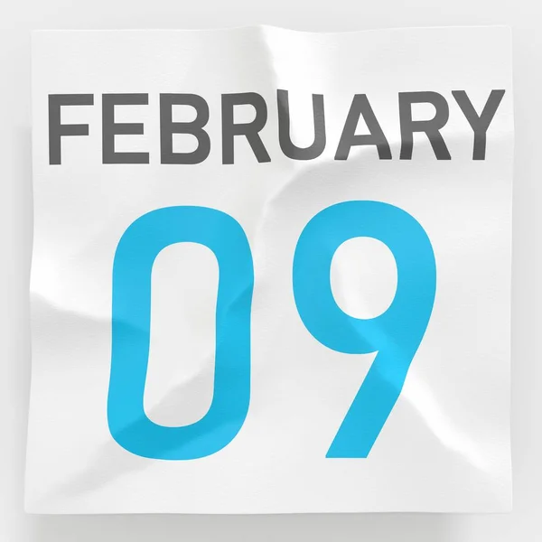 9 de febrero la fecha en la página arrugada de papel del calendario, la traducción 3d — Foto de Stock