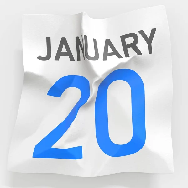 20 січня дата на зім'ятій паперовій сторінці календаря, 3d рендеринга — стокове фото