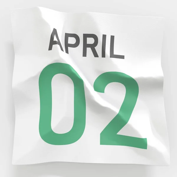 Április 2 dátum gyűrött papír oldalon a naptár, 3D-s renderelés — Stock Fotó
