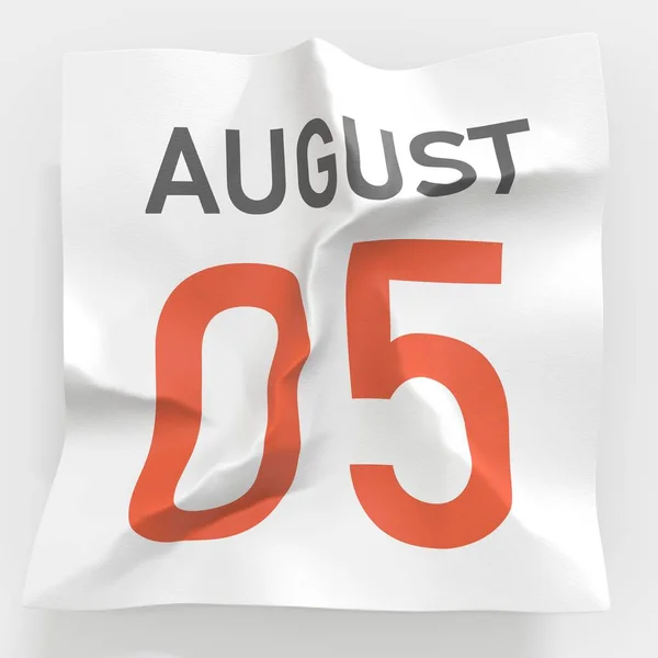 5. srpna datum na zmačkané papírové stránce kalendáře, 3D vykreslování — Stock fotografie