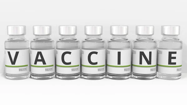 Medizinflaschen verfassen VACCINE-Text. Konzeptionelles 3D-Rendering — Stockfoto