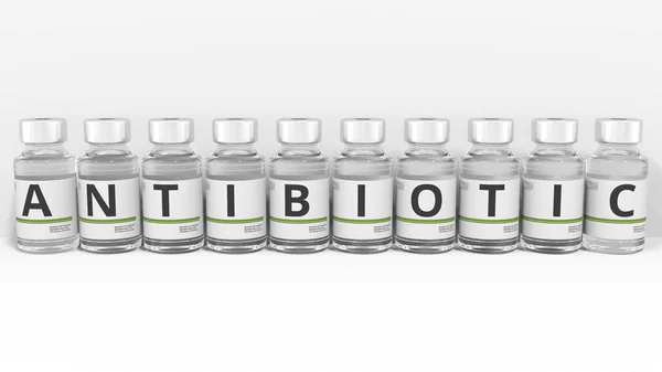 Buchstaben auf Medikamentenflaschen komponieren ANTIBIOTIC Text, konzeptionelle 3D-Darstellung — Stockfoto