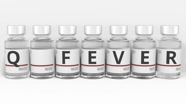 Medizinflaschen komponieren Q FEVER Text. Konzeptionelles 3D-Rendering — Stockfoto