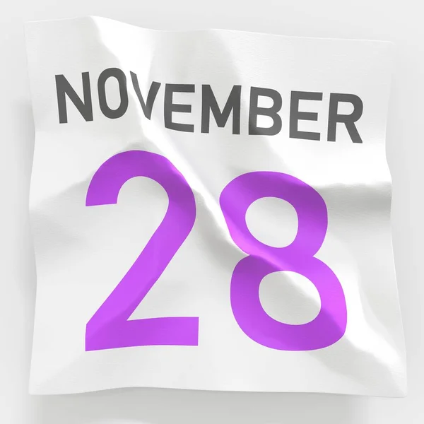 28 november datum på riven sida i en papperskalender, 3D-rendering — Stockfoto