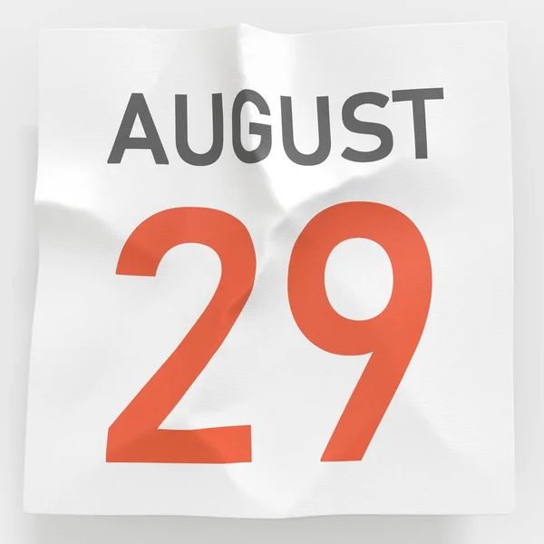 29 agosto data su pagina di carta spiegazzata di un calendario, 3d rendering — Foto Stock