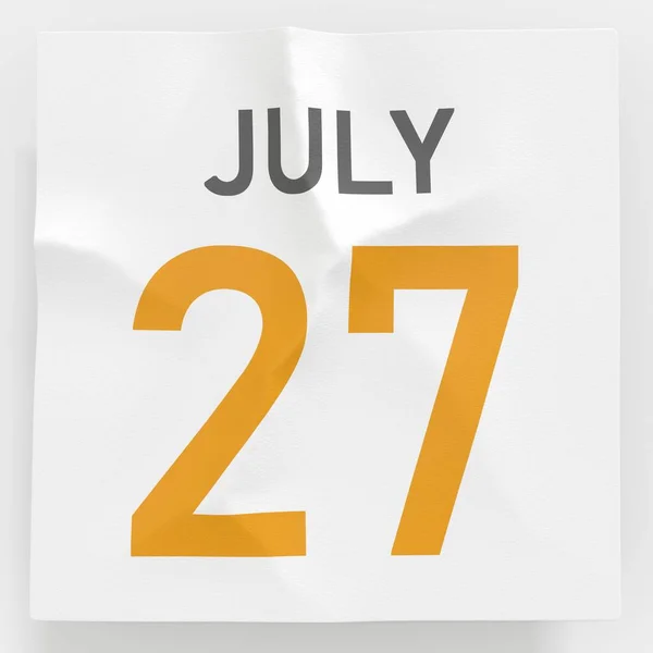 27. července datum na zmačkané papírové stránce kalendáře, 3D vykreslování — Stock fotografie