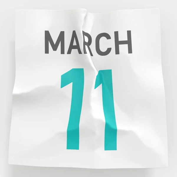 11 marca data na pogniecionej papierowej stronie kalendarza, renderowanie 3d — Zdjęcie stockowe