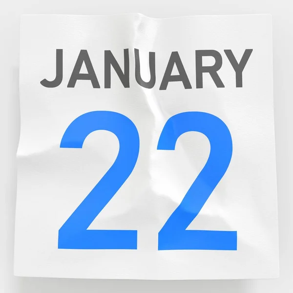 22 januari datum op verkreukelde papieren pagina van een kalender, 3d weergave — Stockfoto
