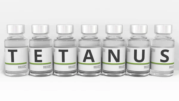 Viales de medicina componen texto TETANO, representación conceptual 3d — Foto de Stock