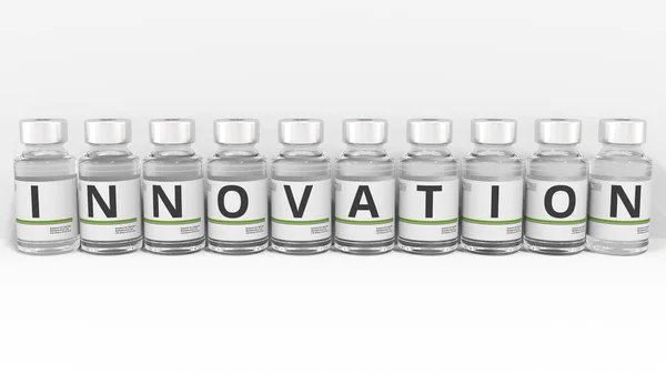 INNOVATIONstext auf den Etiketten von Medikamentenflaschen. Konzeptionelles 3D-Rendering — Stockfoto