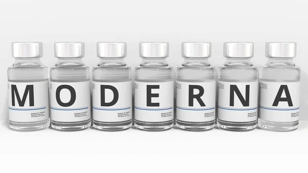 Los viales de medicamentos componen el nombre de la vacuna MODERNA COVID-19. Editorial conceptual 3d rendering —  Fotos de Stock