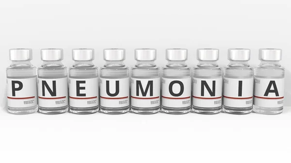 Briefe auf Medikamentenflaschen verfassen PNEUMONIA-Text, konzeptionelle 3D-Darstellung — Stockfoto