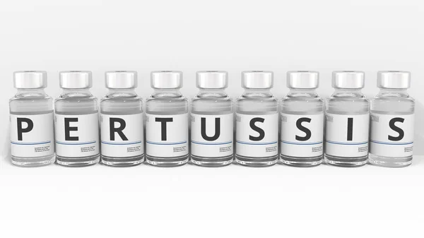 Las botellas de vidrio médico componen el texto PERTUSSIS. Renderizado 3D conceptual — Foto de Stock