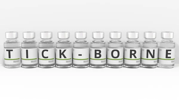 Cartas sobre frascos de medicina componen texto TICK-BORNE, representación conceptual 3d — Foto de Stock