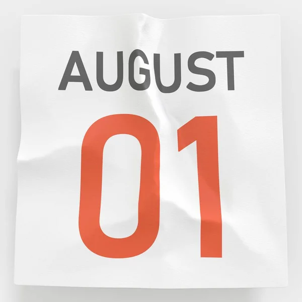 August 1 date on torn page of a calendar, 3d rendering — Stock Photo, Image