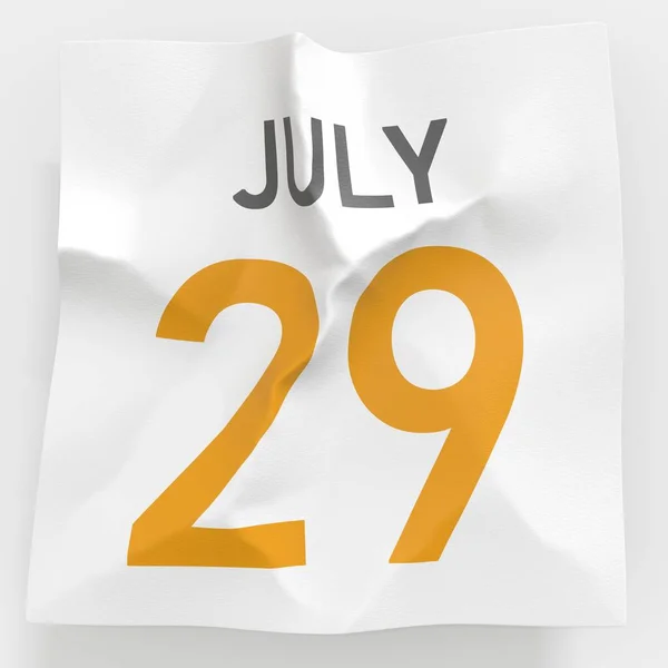 July 29 date on crumpled paper page of a calendar, 3d rendering — Stock Photo, Image