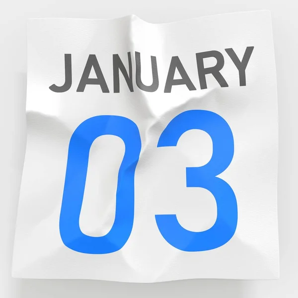 3 de janeiro data em página de papel amassada de um calendário, prestação 3d — Fotografia de Stock