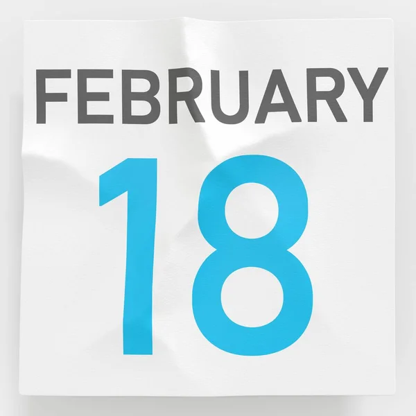 18. února datum na zmačkané papírové stránce kalendáře, 3D vykreslování — Stock fotografie
