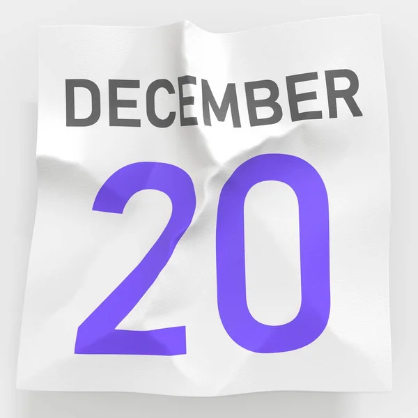 20 december datum på skrynkligt papper sida i en kalender, 3D-rendering — Stockfoto