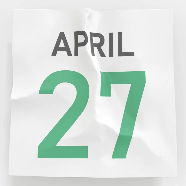 27 april datum på skrynkligt papper sida i en kalender, 3D-rendering — Stockfoto