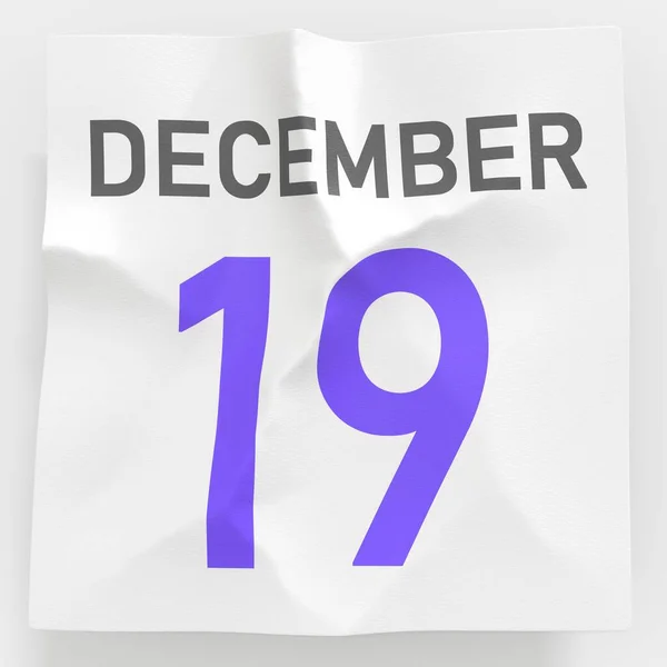 19 dicembre data su pagina di carta spiegazzata di un calendario, 3d rendering — Foto Stock