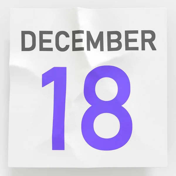 18 december datum op verkreukelde papieren pagina van een kalender, 3d weergave — Stockfoto