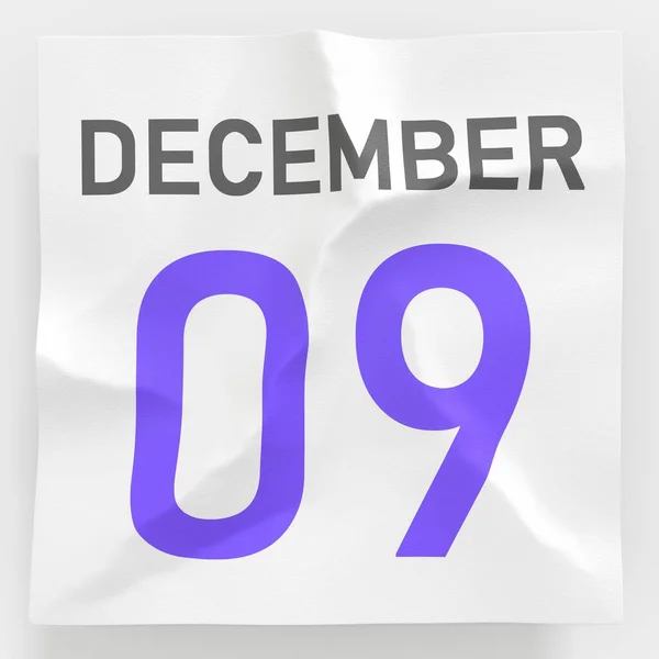 9 dicembre data su pagina di carta spiegazzata di un calendario, 3d rendering — Foto Stock
