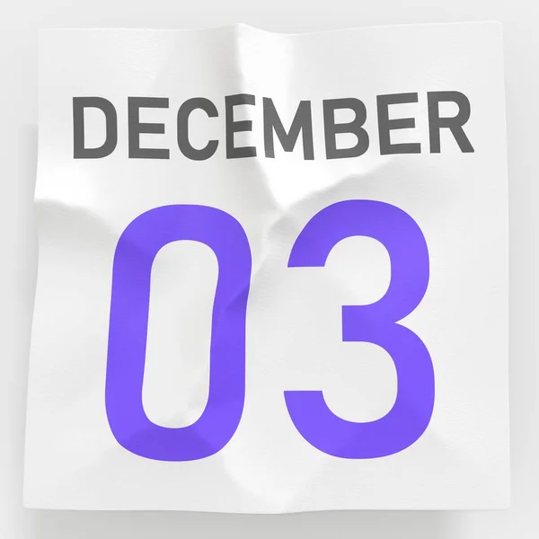 December 3 date on crumpled paper page of a calendar, 3d rendering — Stock Photo, Image