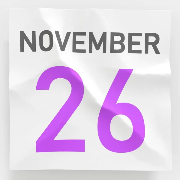 November 26 date on torn page of a calendar, 3d rendering — 图库照片