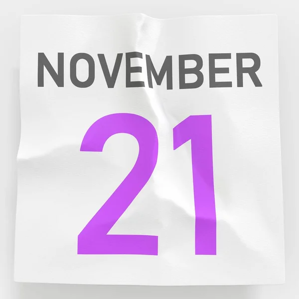 November 21 date on crumpled paper page of a calendar, 3d rendering — Stock Photo, Image