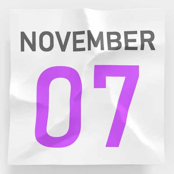 November 7 date on crumpled paper page of a calendar, 3d rendering — Stock Photo, Image
