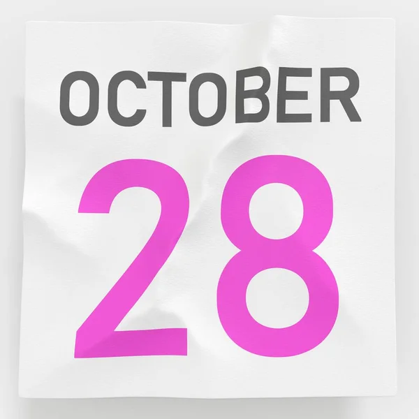 October 28 date on crumpled paper page of a calendar, 3d rendering — Stock Photo, Image