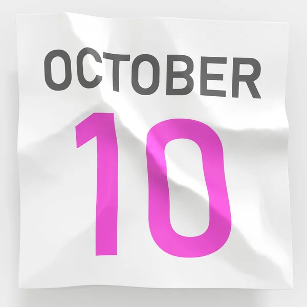 10 octobre date sur papier froissé d'un calendrier, rendu 3d — Photo