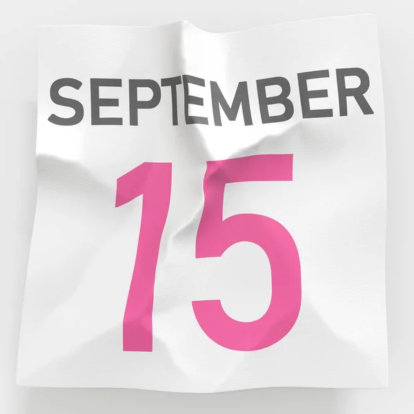 15 de setembro data em página de papel amassada de um calendário, prestação 3d — Fotografia de Stock