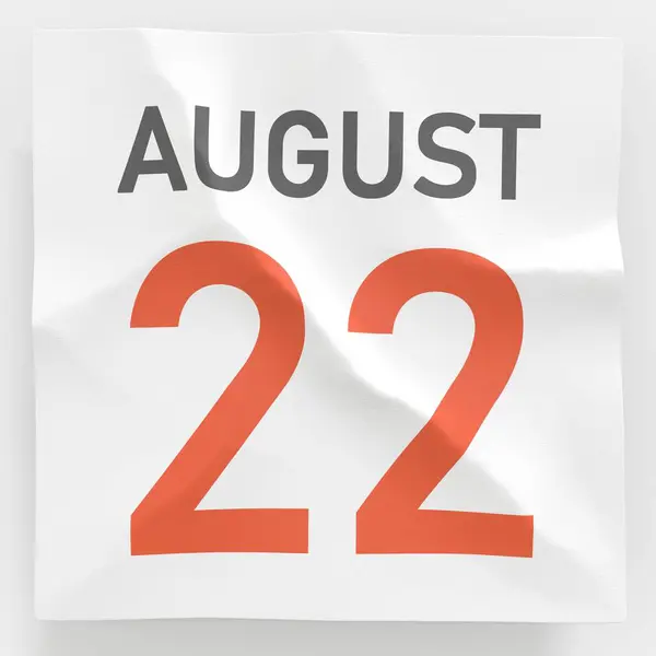 22. srpna datum na zmačkané papírové stránce kalendáře, 3d vykreslování — Stock fotografie