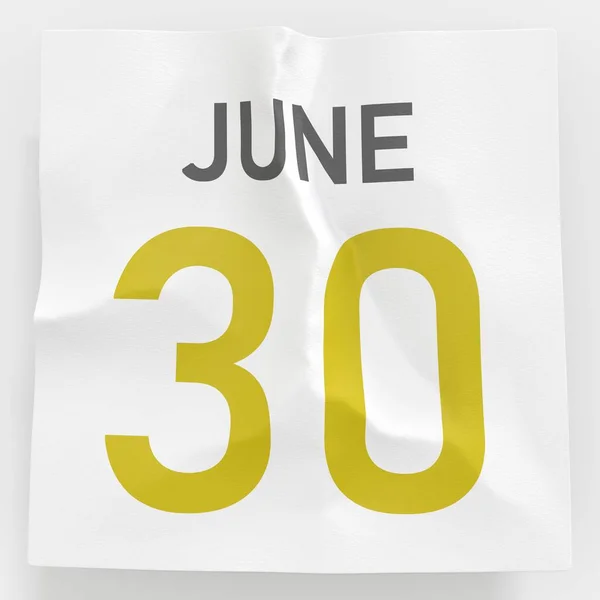 30 juni datum op gescheurde pagina van een kalender, 3d weergave — Stockfoto