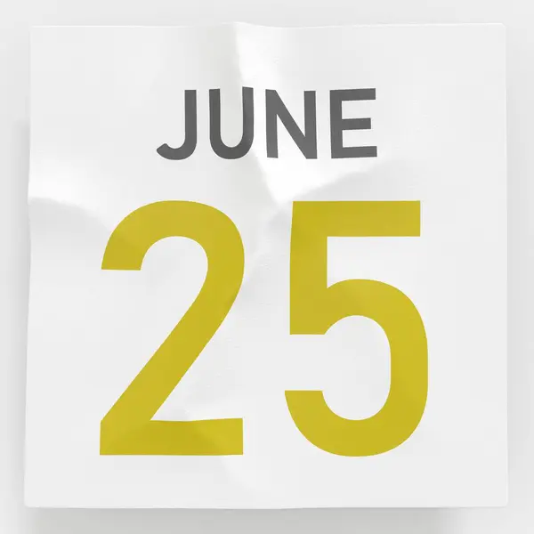 25 червня дата на зім'ятій паперовій сторінці календаря, 3d рендеринга — стокове фото