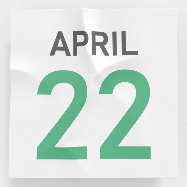 4月22日日期在一张日历的皱折纸页上, 3D渲染 — 图库照片
