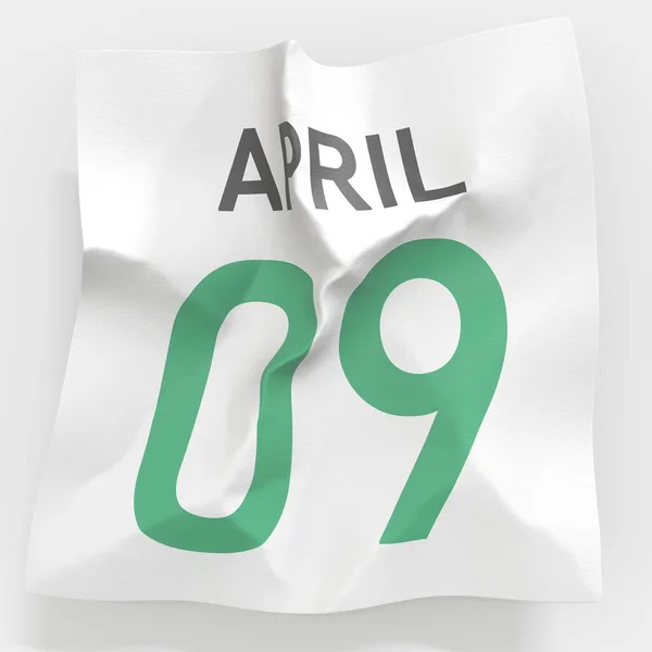 9 avril date sur papier froissé d'un calendrier, rendu 3d — Photo