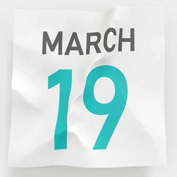 19 mars datum på en trasig sida i en kalender, 3D-rendering — Stockfoto