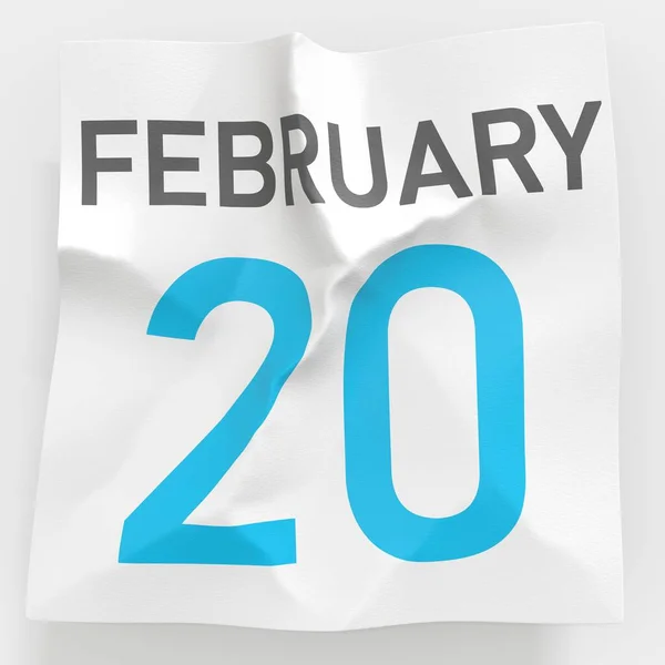 二月二十日在一张日历的皱折纸页上, 3D渲染 — 图库照片