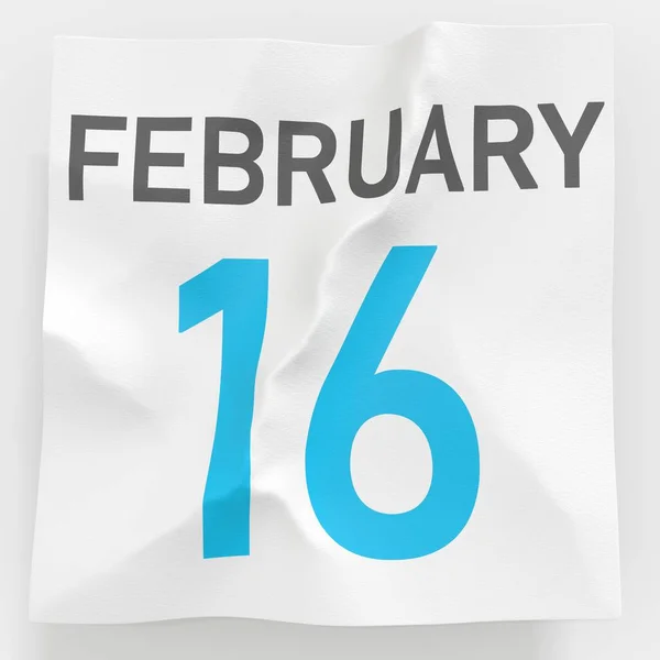 16. února datum na zmačkané papírové stránce kalendáře, 3D vykreslování — Stock fotografie