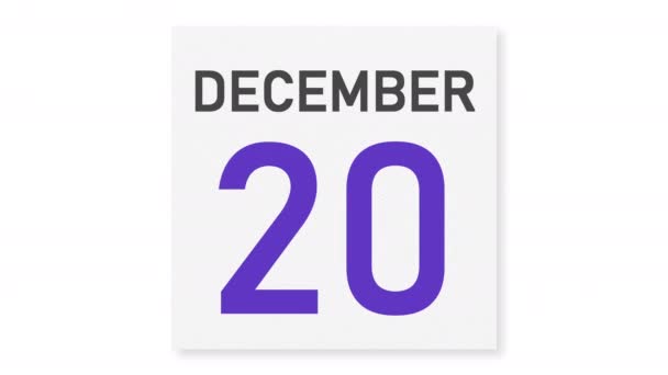 21 dicembre data dietro pagina lacerata di un calendario, animazione 3d — Video Stock