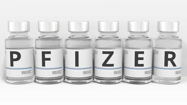 Las botellas de medicamentos componen el nombre de la compañía farmacéutica PFIZER. Editorial conceptual 3d rendering —  Fotos de Stock