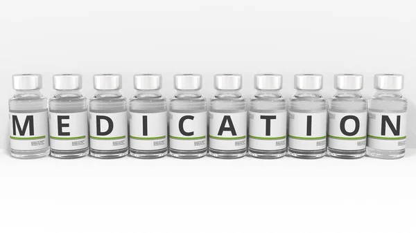 Medizinflaschen verfassen MEDIKATIONstexte. Konzeptionelles 3D-Rendering — Stockfoto