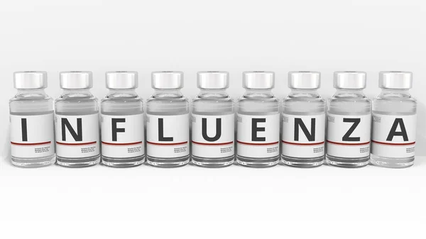 Cartas sobre frascos de medicina componen texto INFLUENZA, representación conceptual 3d — Foto de Stock